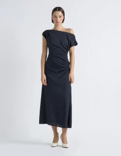 ASYMMETRICAL DRAPED MIDI DRESS