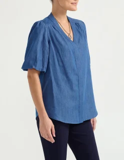 BALLOON SLEEVE CHAMBRAY TOP