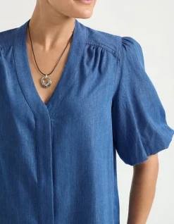 BALLOON SLEEVE CHAMBRAY TOP