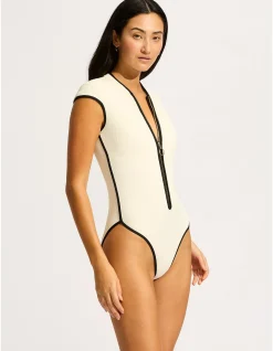 Beach Bound Cap Sleeve Zip Front One Piece