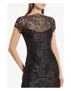 BLACK METALLIC LACE CAP SLEEVE MIDI DRESS