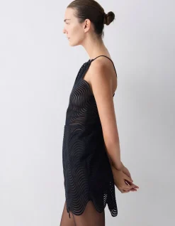 BLACK SCALLOPED LACE FLUX MINI DRESS