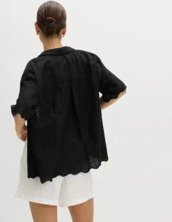 Broderie Collared Cutwork Detail Shirt with Linen
