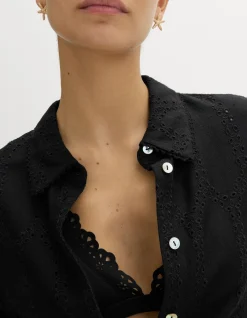 Broderie Collared Cutwork Detail Shirt with Linen