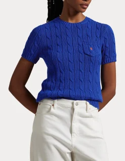 CABLE-KNIT COTTON SHORT-SLEEVE SWEATER