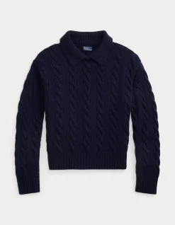 CABLE-KNIT WOOL-CASHMERE POLO SWEATER