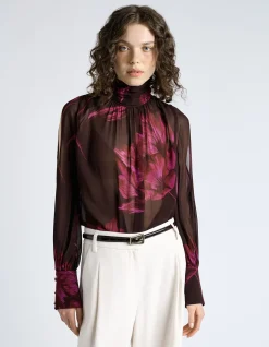 CHOCOLATE OVERSIZED FLORAL GEORGETTE COLD SHOULDER TOP