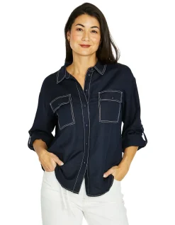 Contrast Stitch Navy Linen Blend Shirt