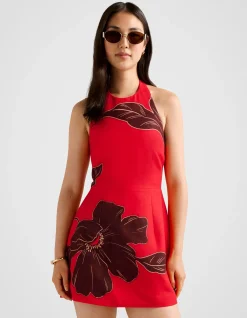CORINNA PRINTED LINEN HALTER NECK MINI DRESS