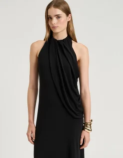 CREPE JERSEY DRAPED HALTER DRESS