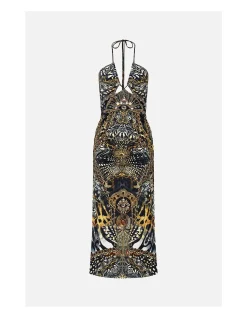 CUT OUT SLEEVELESS JERSEY HALTER NECK DRESS