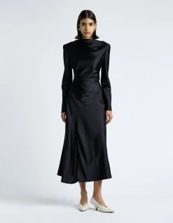 DARK INK MATTE SATIN VISCOSE GATHERED MIDI DRESS