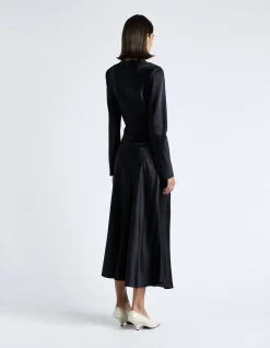 DARK INK MATTE SATIN VISCOSE GATHERED MIDI DRESS