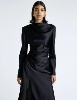 DARK INK MATTE SATIN VISCOSE GATHERED MIDI DRESS