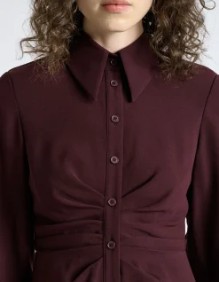 DARK PLUM CREPE RUCHED SHIRT DRESS