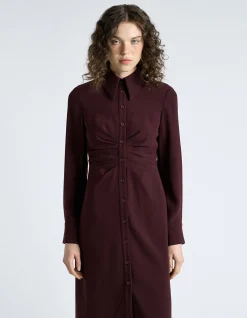 DARK PLUM CREPE RUCHED SHIRT DRESS