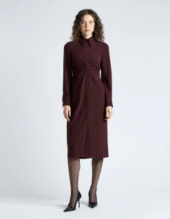 DARK PLUM CREPE RUCHED SHIRT DRESS