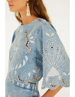 DENIM RICHELIEUX CROPPED BLOUSE