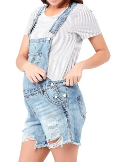 Denim Short Overalls With Adjustable Straps Pale Blue