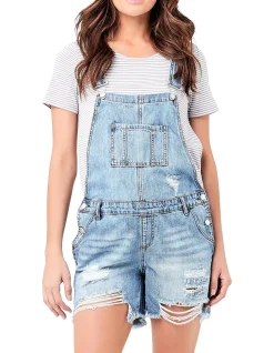 Denim Short Overalls With Adjustable Straps Pale Blue