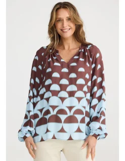 Diego Blue Brown Geo V Neck Raglan Top