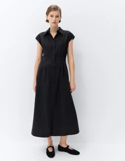 ELEGANT COLLARED BREEZY LINEN COTTON MIDI DRESS