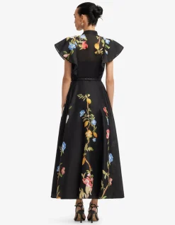 Elsie Flutter Sleeve Midi Dress Lemon Vine Print in Ebony
