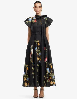 Elsie Flutter Sleeve Midi Dress Lemon Vine Print in Ebony