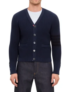 GARMENT DYE CARDIGAN STITCH VNECK IN COTTON W TONAL 4BARSTRP