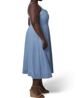 INDIGO TONIC-MIKI DENIM FLARED MIDI DRESS