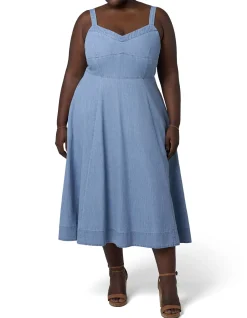 INDIGO TONIC-MIKI DENIM FLARED MIDI DRESS
