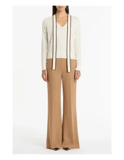 Ivory Merino Tipped Tie Neck Knit Top