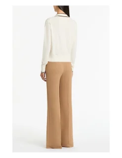 Ivory Merino Tipped Tie Neck Knit Top