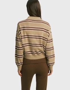 Knit Button Up Collar Stripe Knit Sweatshirt