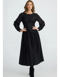 Martina Corset Waist Long Sleeve Midi Dress