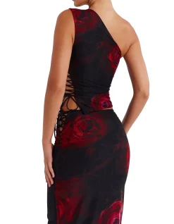 MISTRESS ROCKS BLACK ROSE PRINT ONE SHOULDER TOP