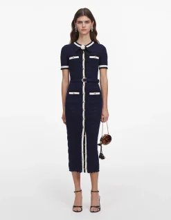 NAVY POINTELLE KNIT MIDI DRESS