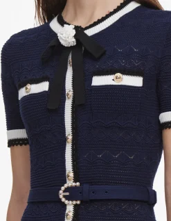 NAVY POINTELLE KNIT MIDI DRESS
