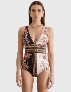 Peacock Deep V Floral One Piece Swimsuit