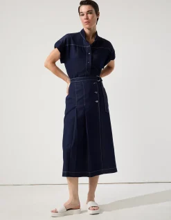 PLEATED DARK DENIM MIDI SKIRT