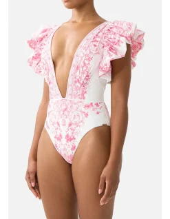 PLUNGE ONE PIECE W PLEATED RUFFLE SLEEVES