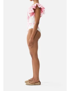 PLUNGE ONE PIECE W PLEATED RUFFLE SLEEVES