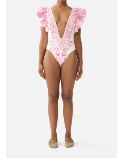 PLUNGE ONE PIECE W PLEATED RUFFLE SLEEVES