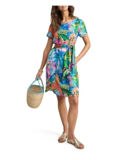 Printed Linen Dress - Vibrant Palm Print