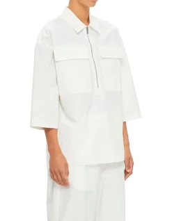 Relaxed Fit Half Zip Shirt with Embroidered Logo