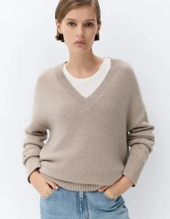 RELAXED LONG SLEEVE V-NECK WOOL NYLON BLEND COMFORTABLE KNIT