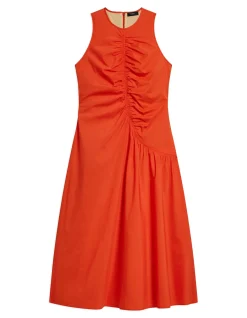 Ruched Asymmetrical Midi Dress in Cotton-Blend