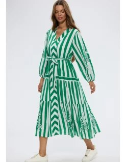 Sea Breeze Green Stripe Tiered Midi Dress
