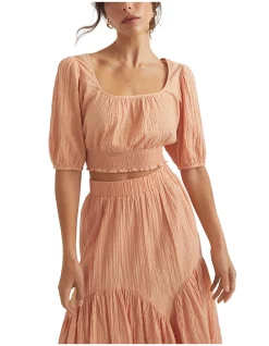 Seersucker Crop Top with Puffed Sleeves