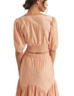 Seersucker Crop Top with Puffed Sleeves